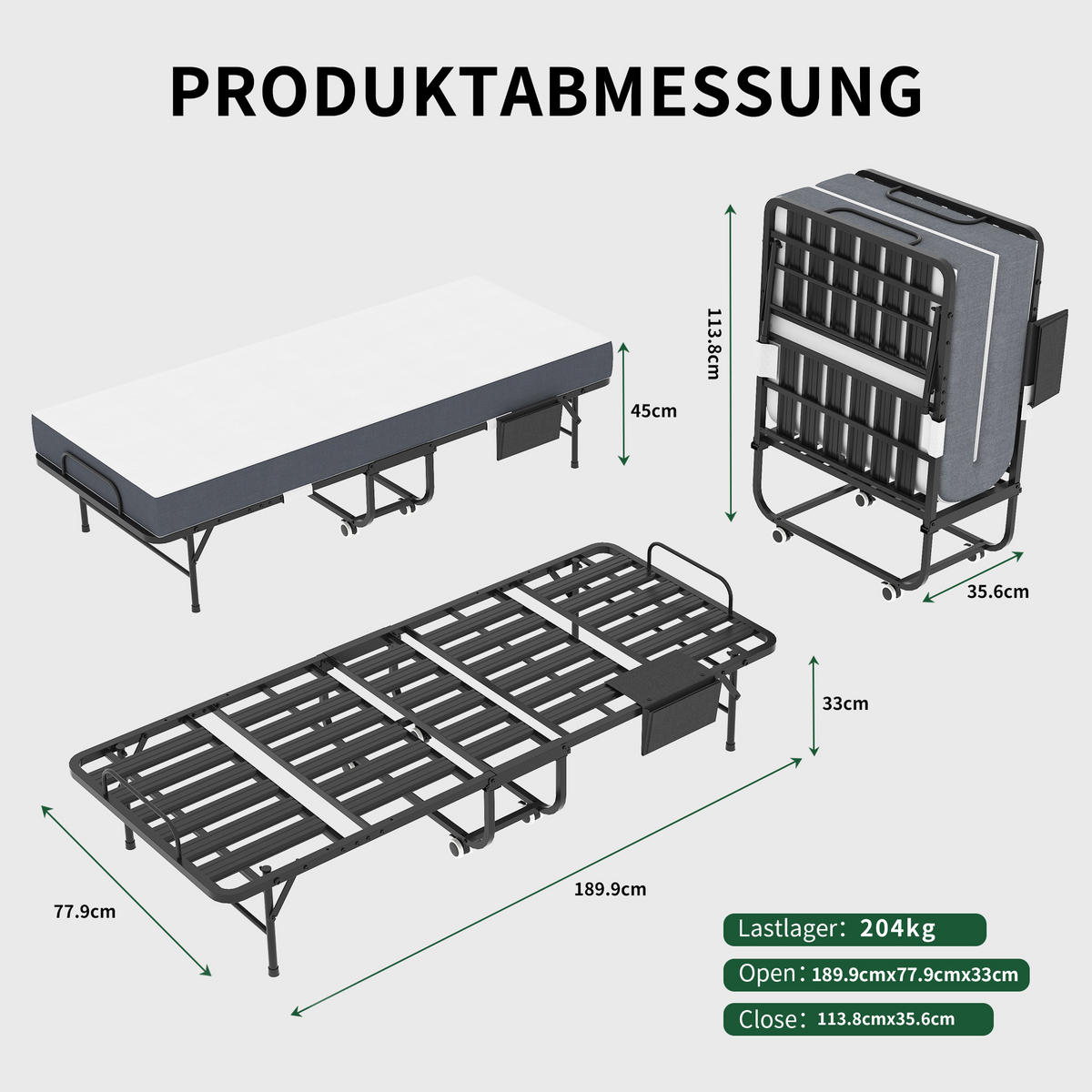 KLAPPBETT auf Rollen 80x190 cm Metall Schwarz inkl. Matratze - Schwarz, Metall (80/190cm) - Meubliv