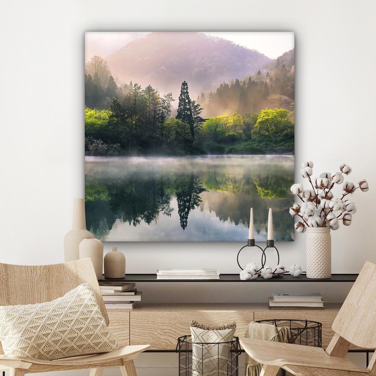 LEINWANDBILD Natur - Bäume - Berge - See - Wasser 90x90 cm - Hellgrün, Textil (90/90cm) - MuchoWow