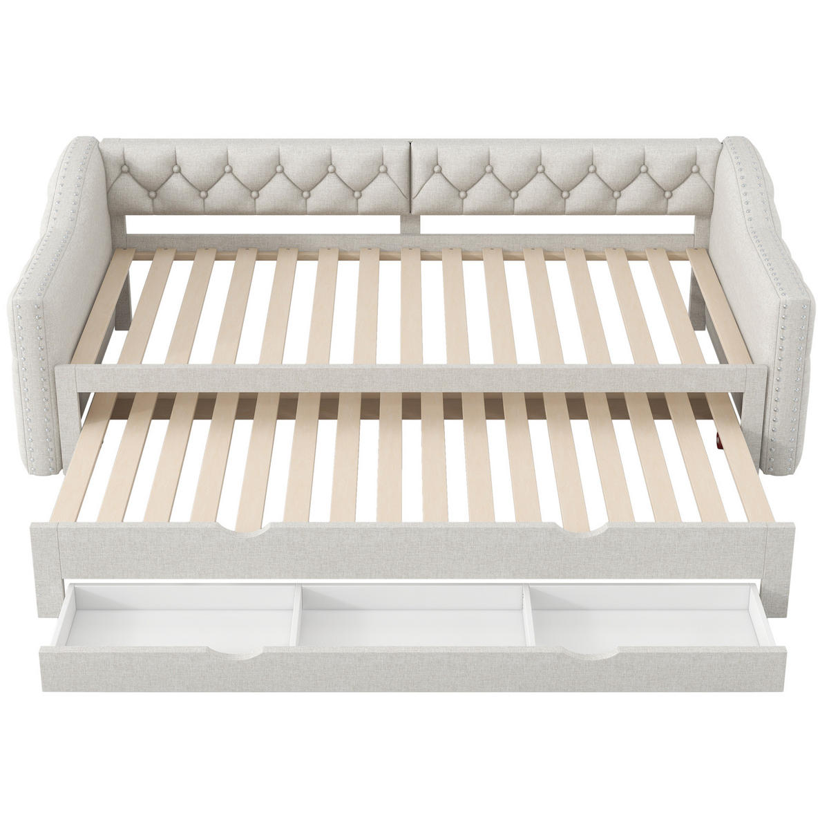 POLSTERBETT 90/200 cm mit LED-Beleuchtung, Ausziehbett und 3 Schubladen, Beige - Beige, Textil (90/200cm) - Redom