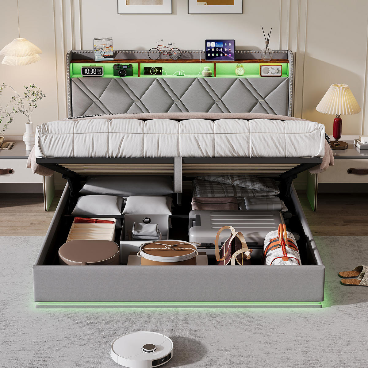 POLSTERBETT 160/200 cm Grau mit hydraulischem Stauraum, LED mit Ablage und USB - Grau, Metall (160/200cm) - EuroLiving