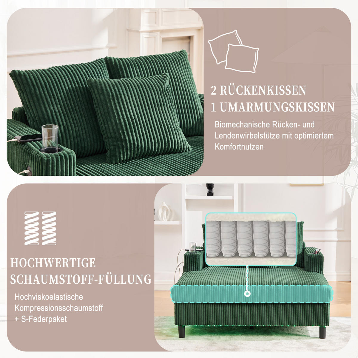 SCHLAFSOFA,SCHLAFSESSEL,SCHLAFCOUCH Grün, Cordbezug mit Beleuchtung&USB und Getränkehalter - Grün, Textil (142/85/128cm) - PARAFTA HOME