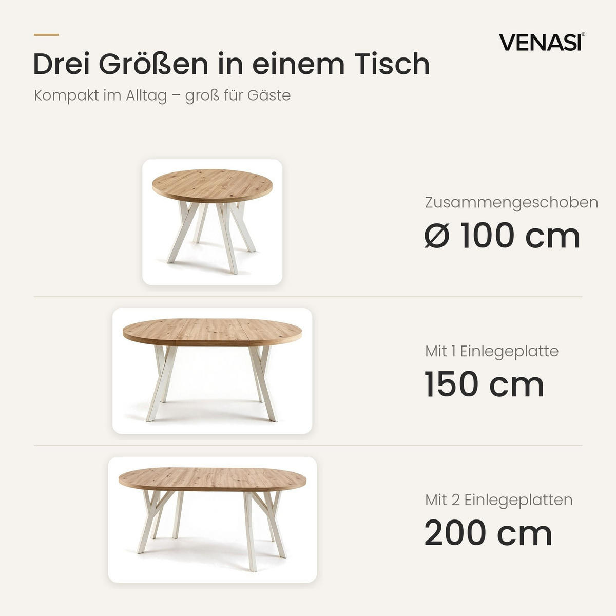 ESSTISCH ausziehbar rund ATO, 100-200 cm, Dekor Artisan, weiße Holzbeine - Dunkelbraun/Weiß, Holzwerkstoff/Buchenholz (100/100/77cm) - VENASI MÖBEL