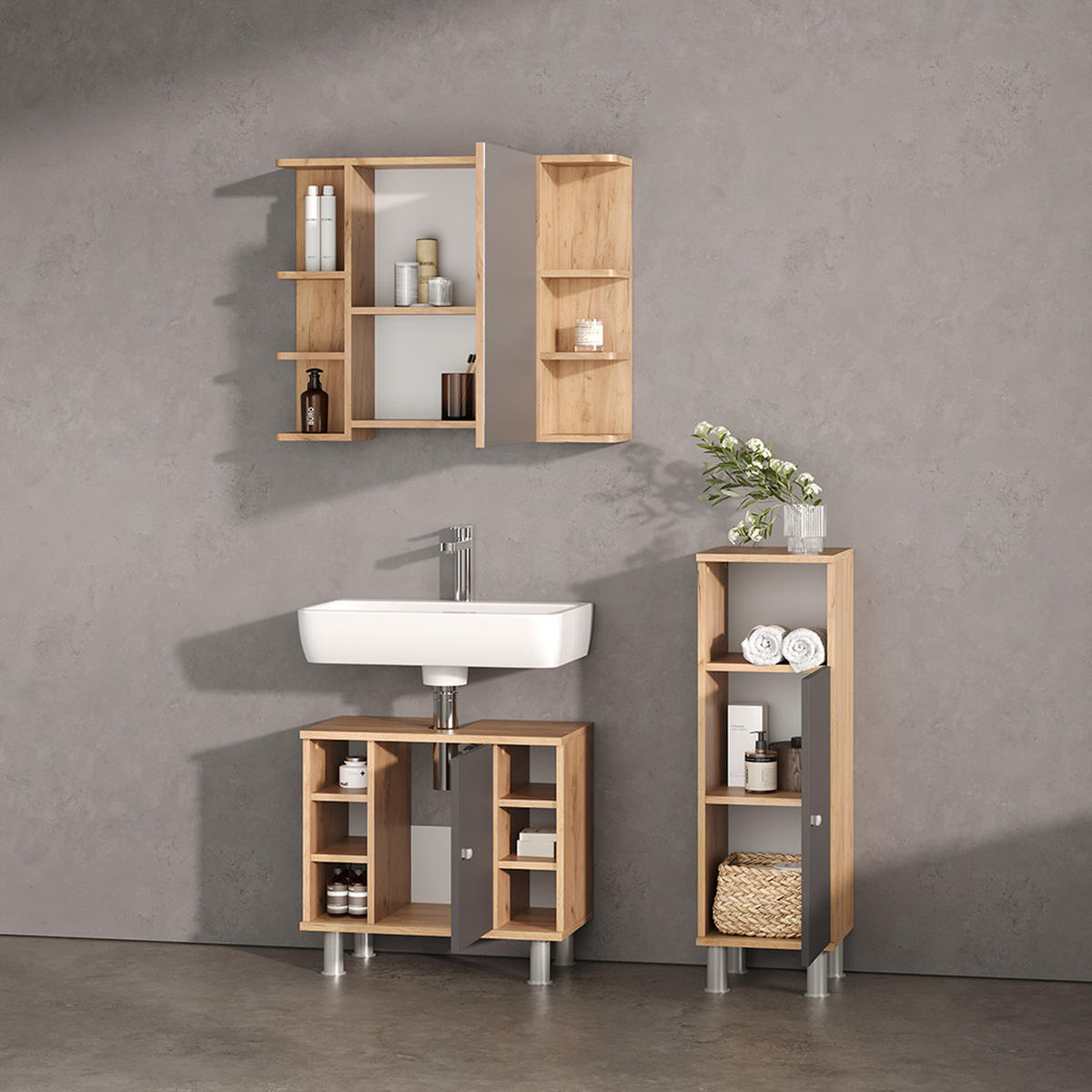 BADMÖBEL-SET Fucino Eiche 3 Teile, mit Midischrank - Eichefarben/Anthrazit, Holzwerkstoff (79/64/21cm) - Livinity®