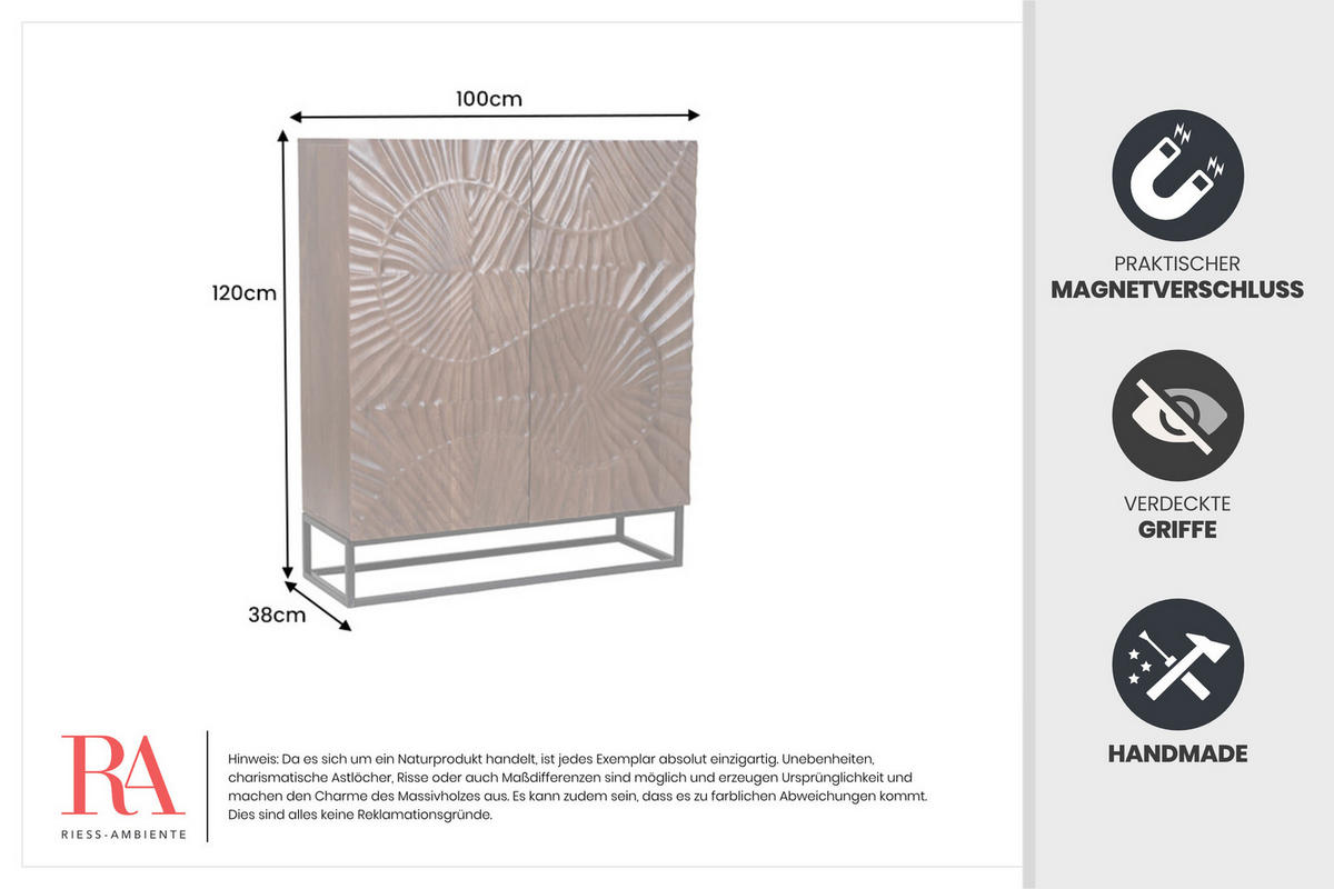 HIGHBOARD SCORPION Akazie Dunkelbraun 120cm - Schwarz/Braun, Holz/Metall (100/120/38cm) - riess-ambiente