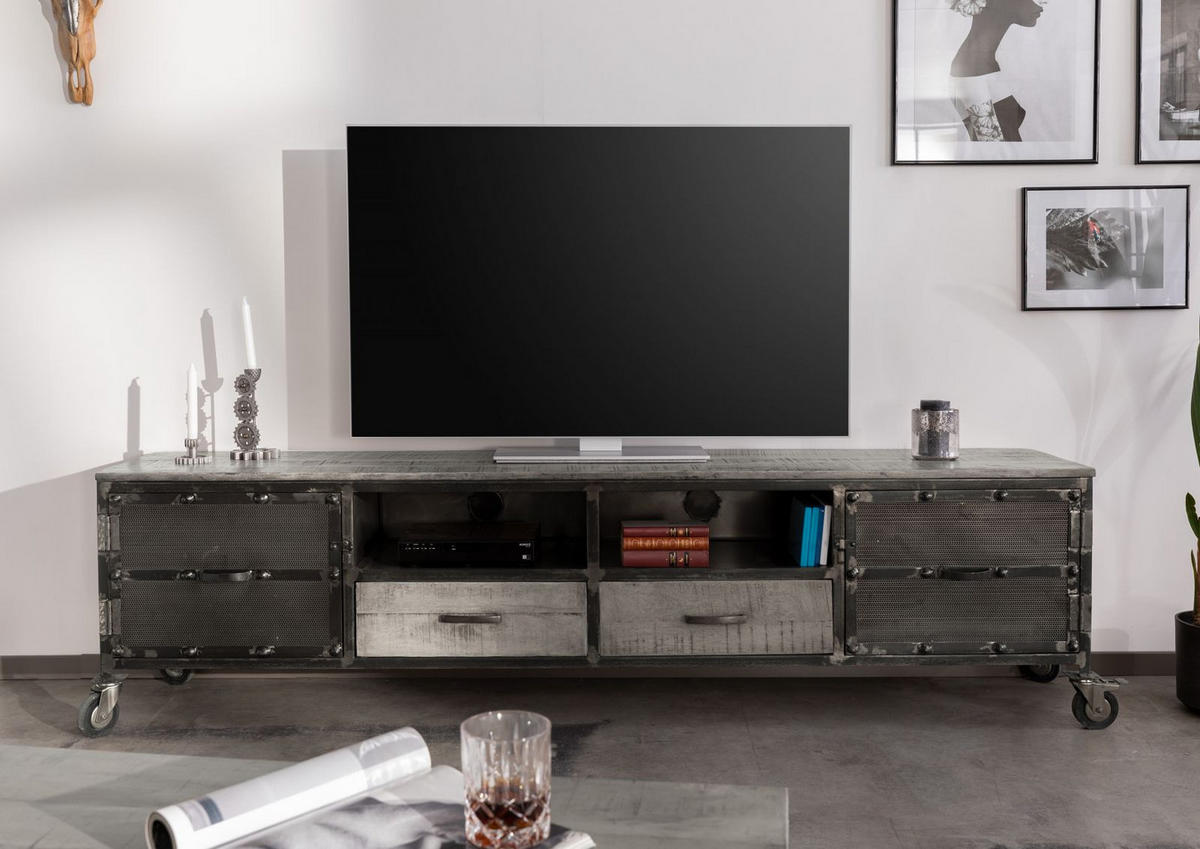 TV-BOARD Mango 220x40x60 grau lackiert HEAVY INDUSTRY #132 - Grau, Holz (40/60/220cm) - Massivmoebel24