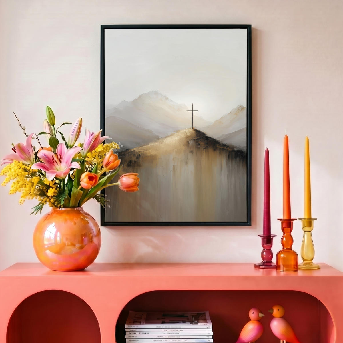 LEINWAND Bilder mit Rahmen - Hügel - Abstrakt - Kreuz - Christentum - 30x40 - Beige, Textil (30/40cm) - MuchoWow