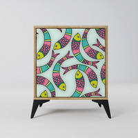 SIDEBOARD INDIAN FISH, Eichefarben, 57,5x42x70,5 cm, Schwarze Metall-Sternfüße - Eichefarben/Multicolor, Holzwerkstoff/Metall (57.5/70.5/42cm) - SpaceRebels