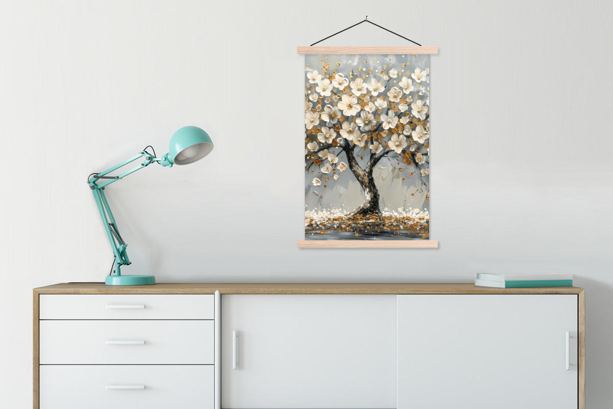 POSTER Baum - Blumen - Weiß - Natur - Kunst 60x90 cm - Weiß, Textil (60/90/0.15cm) - MuchoWow