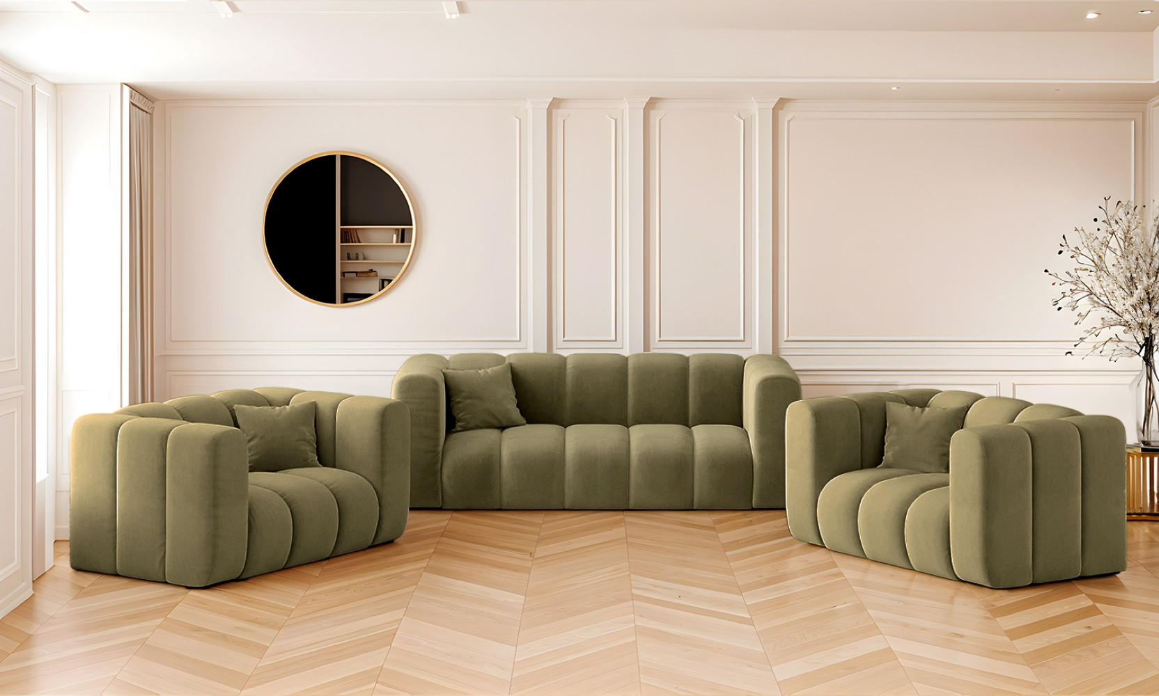 SOFAGARNITUR 2+1+1 Serie Grand Stilvol, Stoff Salvador Salvador Olive - Olivgrün, Holz (91/70/197cm) - Kaiser Möbel