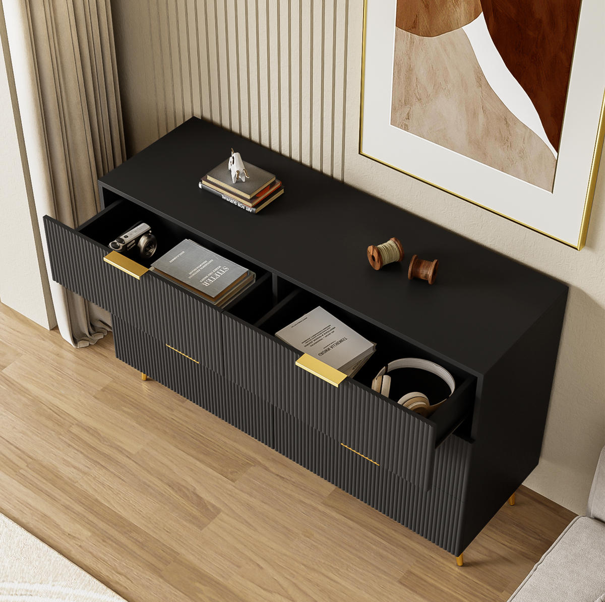 SIDEBOARD 120/40/77 cm in Schwarz mit 6 Schubladen und goldfarbenen Details - Schwarz, Holzwerkstoff (120/40/77cm) - Flora Grace