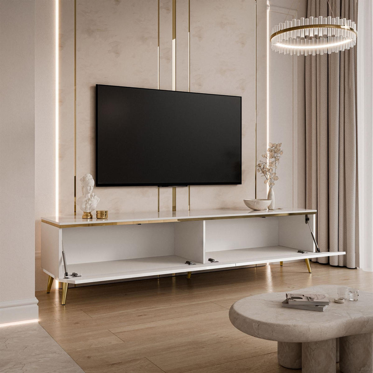 TV-LOWBOARD AURORA Weiß Hochglanz mit schräge Goldchrom Fuße und LED Beleuchtung - Weiß Hochglanz/Goldfarben, Holzwerkstoff/Metall (180/45/40cm) - Lookway