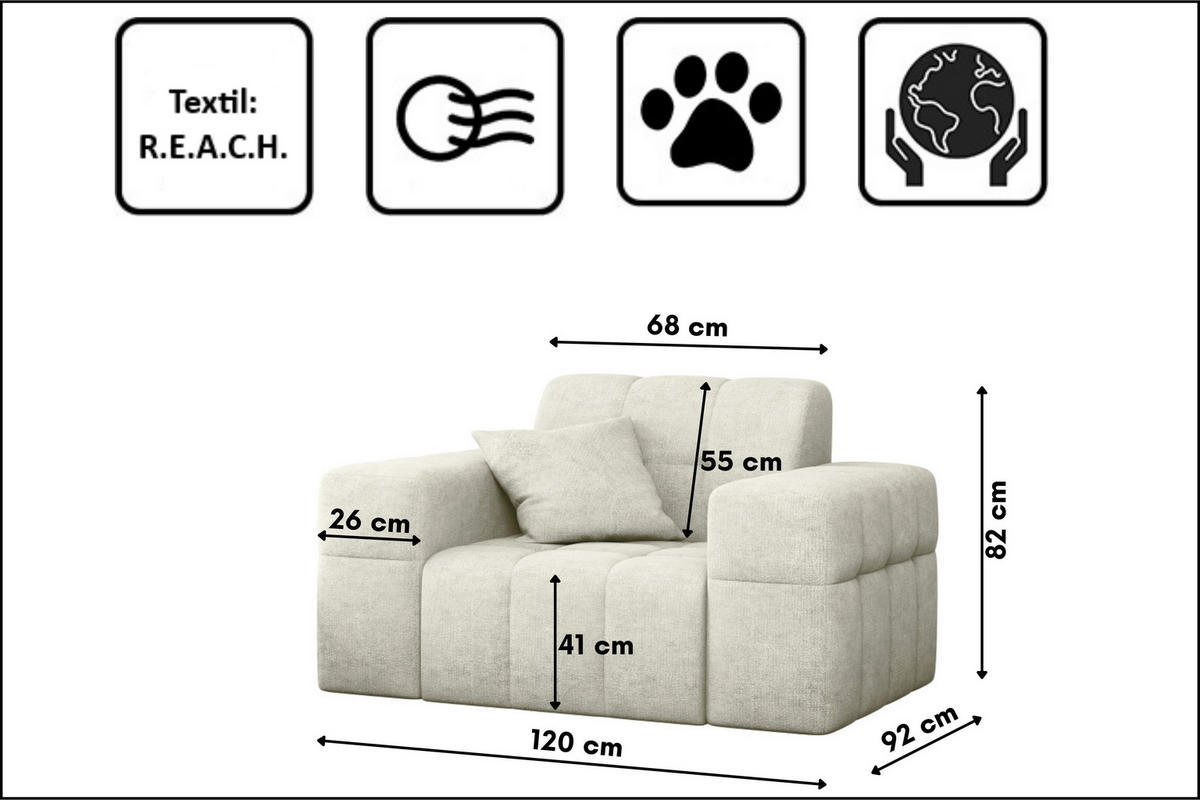 SESSEL NIMES Stoff Perfect Harmony Creme - Creme, Holz/Textil (120/82/92cm) - Kaiser Möbel