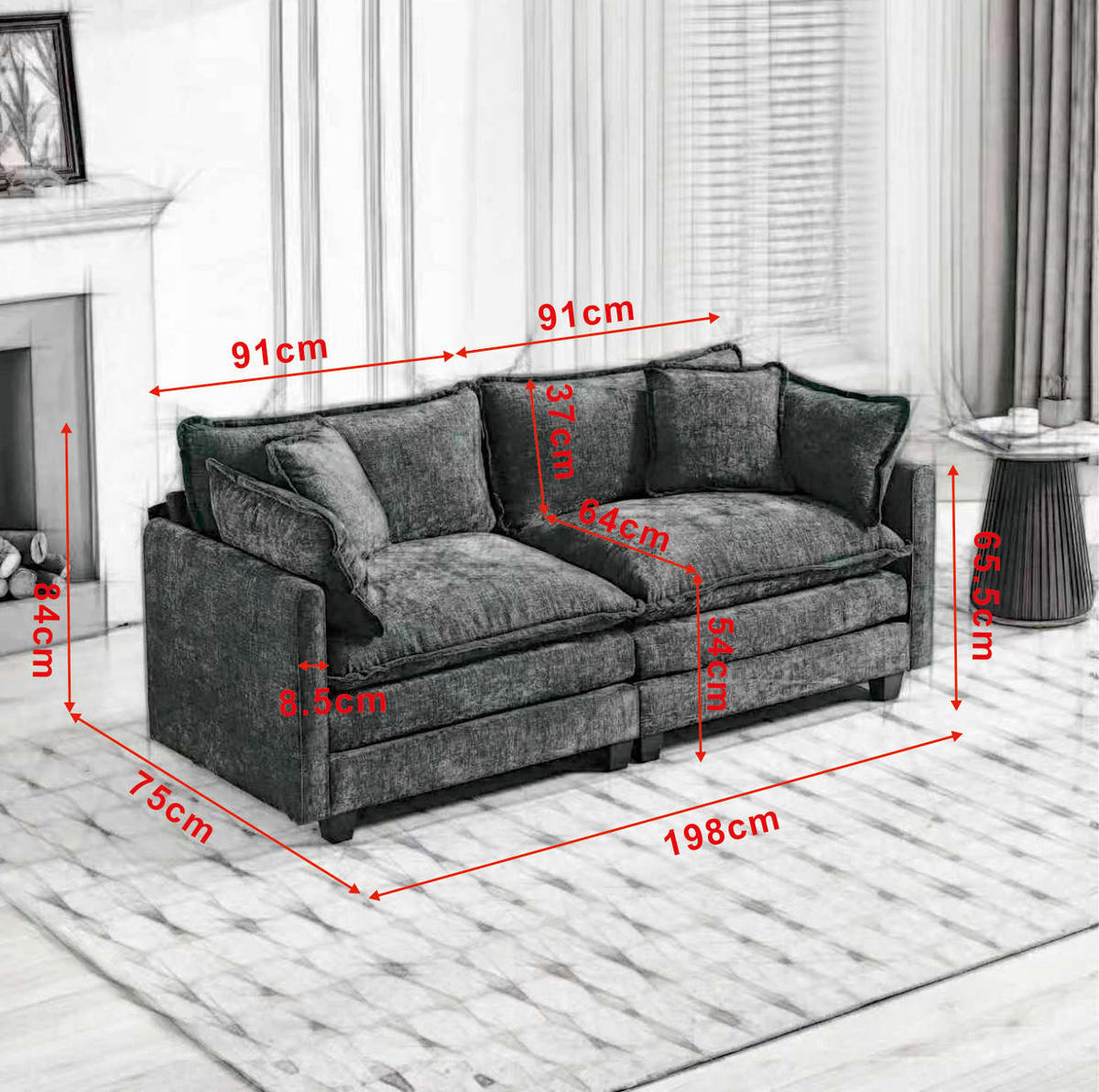 SOFA modular Chenille Blue 2-Sitzer - Blau, Holz (75/84/195cm) - Meubliv