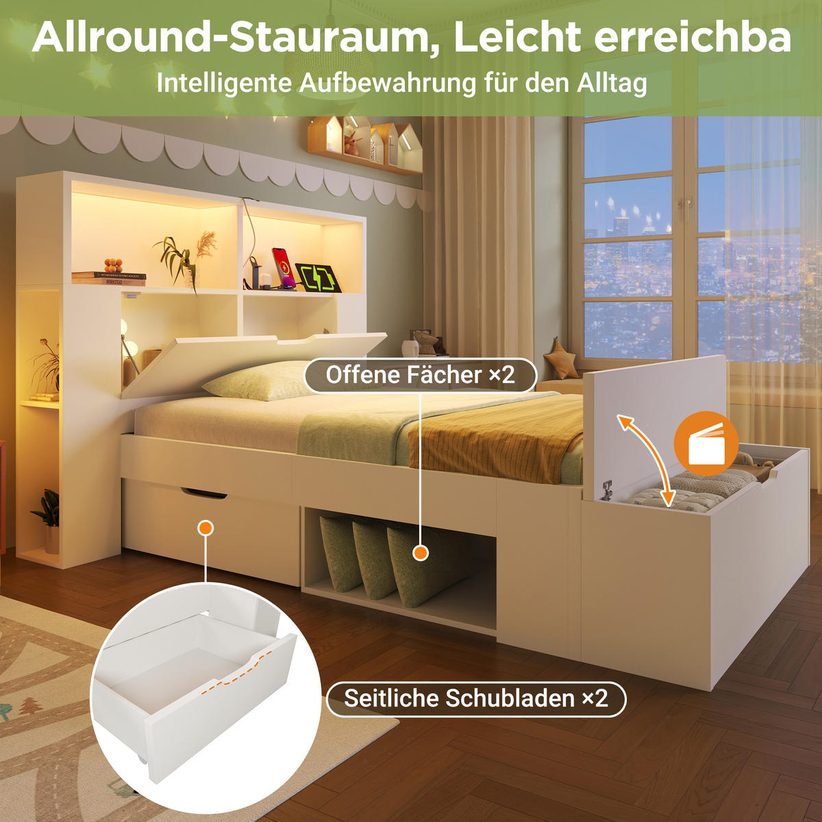 BETT 90x200 cm Weiß Multifunktions mit LED & USB - Weiß, Holzwerkstoff (90/200cm) - Urban Meuble
