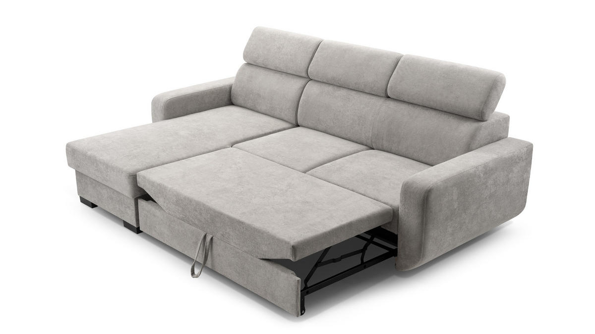 ECKSOFA CASTELLO Grau Plüsch-Stoff mit Schlaffunktion - Grau, Holz (236/165cm) - MASSENO