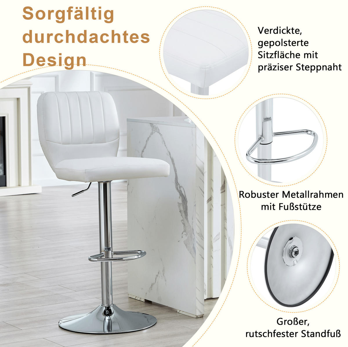 BARHOCKER höhenverstellbar mit Rückenlehne 62-83 cm Silver+White - Silberfarben, Metall (45/114/52cm) - Meubliv