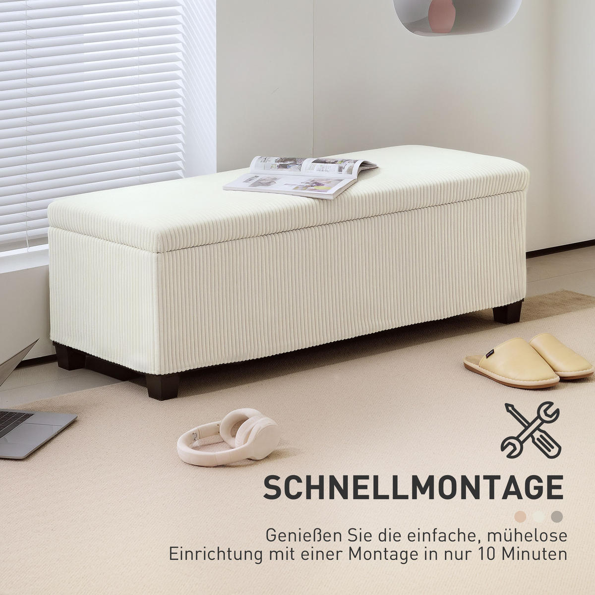 SITZBANK mit Stauraum Polsterbank mit Cord-Optik, Stahlbeine, Beige - Beige, Metall (42/40/112cm) - HOMCOM