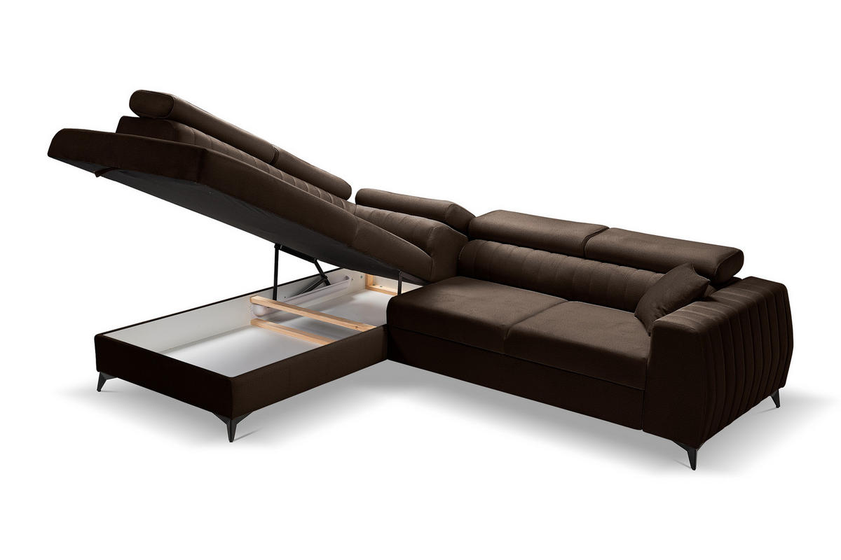 ECKSOFA PIERO L Links mit Schlaffunktion 195x125 Velours Braun - Schwarz/Braun, Holz/Textil (268/203cm) - Muffo