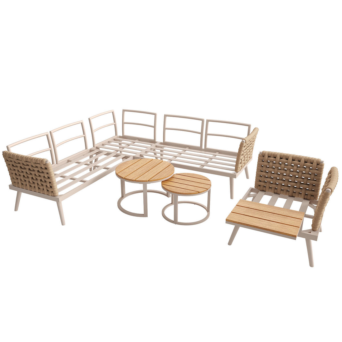 GARTENLOUNGE-SET L-förmiges Gartenmöbel-Set mit handgeflochtenen Armlehnen Polstern - Beige/Naturfarben, Textil/Metall - STILVORA