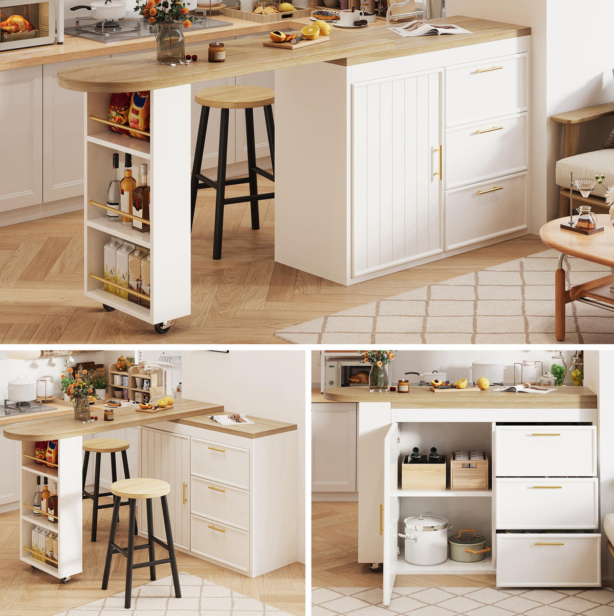 BARTISCH mit 360°-Drehfunktion 128-203x39x90 cm MDF Metall Weiß - Weiß, Metall (203/39/90cm) - Meubliv