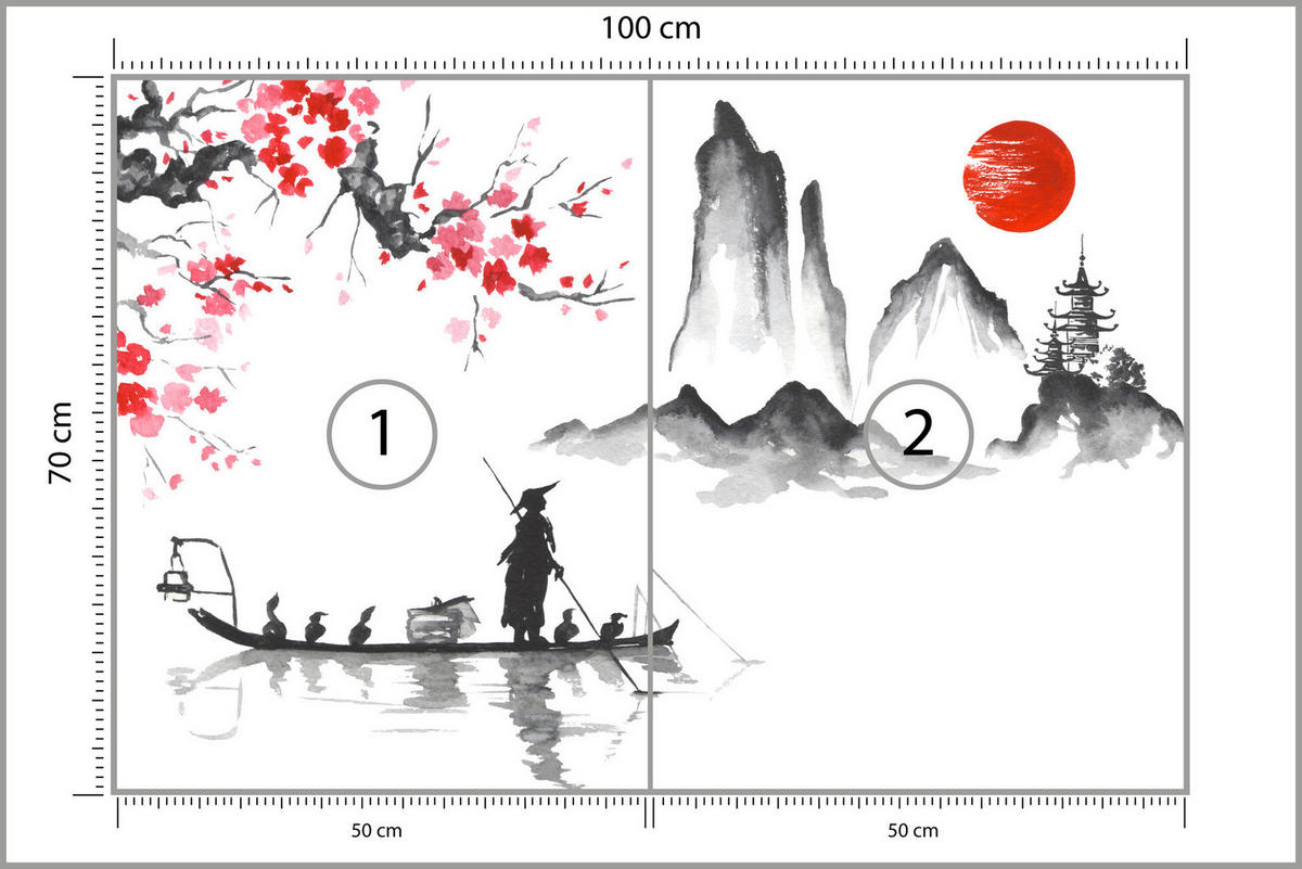 FOTOTAPETE Japanische Landschaft Aquarell 100x70 - Rot/Schwarz, Papier (100/70cm) - Muralo