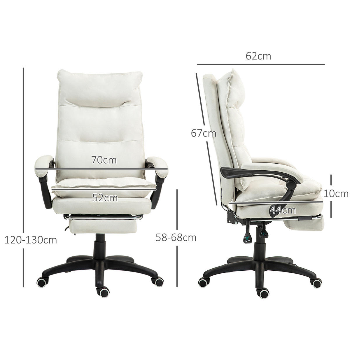 BÜROSTUHL mit 6 Punkt Massage, ergonomischer Gaming Sessel mit Liegefunktion - Creme, Kunststoff (62/130/70cm) - Vinsetto