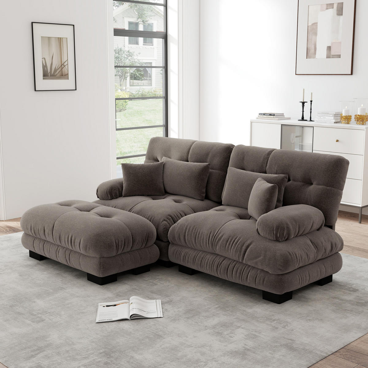 ECKSOFA Chenille Braun mit Kissen und Ottomane - Braun, Textil (220/145cm) - WISHDOR