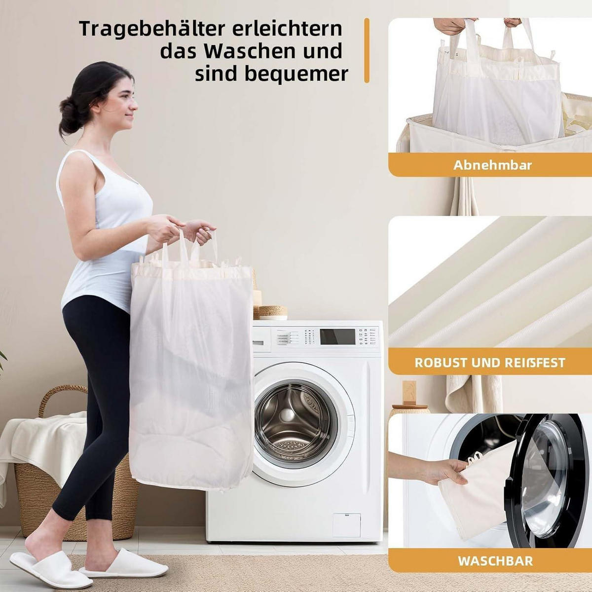 WÄSCHEKORB mit Deckel 160L 3 Fächer Beige - Weiß, Textil (39/69/59cm)