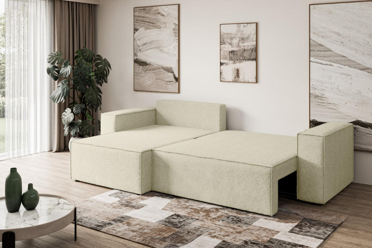 ECKSOFA mit Schlaffunktion und Bettkasten CELTIC-XL - 277x143x83 cm Beige Bouclé - Beige/Schwarz, Holzwerkstoff/Kunststoff (277/143cm) - ALTDECOR