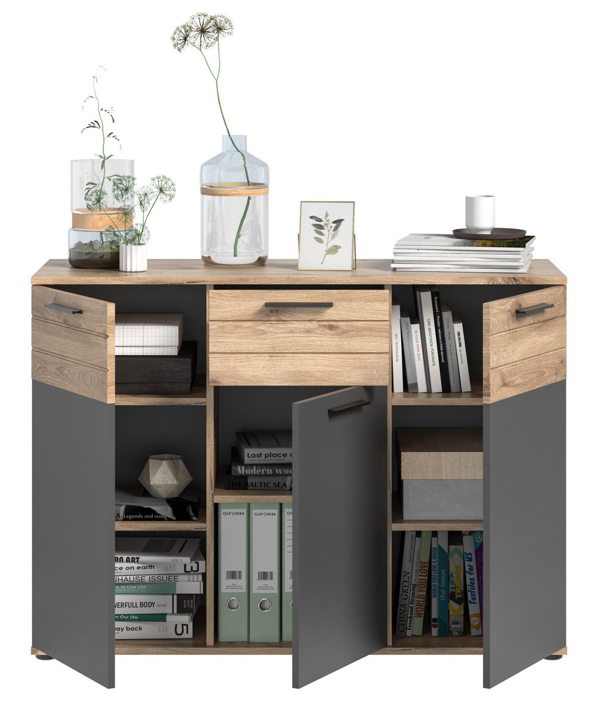KOMMODE Eiche, grau 120 cm, Sideboard mit Soft-Close, Wohn- und Esszimmermöbel - Eichefarben/Schwarz, Holzwerkstoff/Kunststoff (120/87/40cm) - Inn.Furn