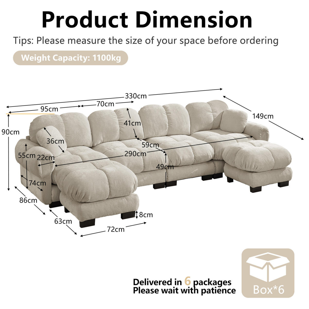 SOFA in U-Form mit 2 mobilen Ottomane Chenille Light Khaki - Hellbraun, Holz (149/90/330.1cm) - Meubliv