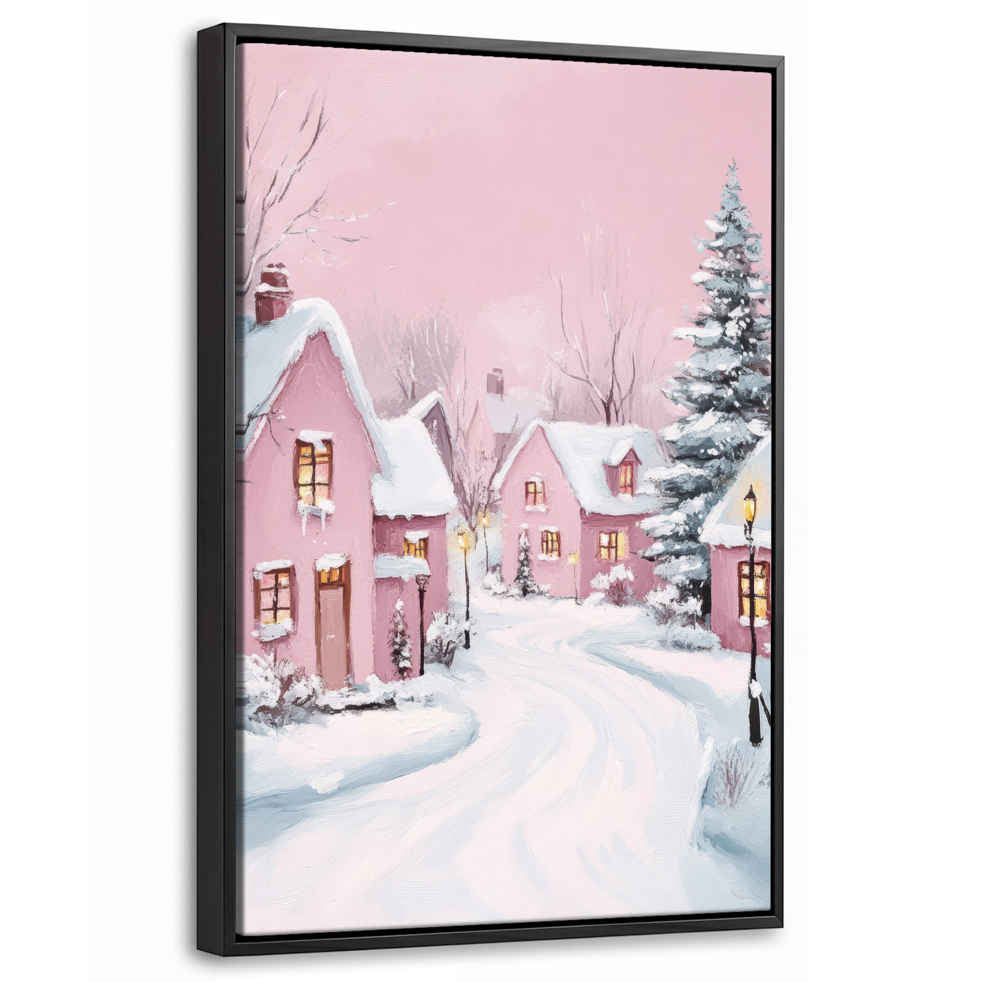 LEINWAND Bilder mit Rahmen - Weihnachtsdorf - Rosa - Winter - Schnee - Häuser - 40x60 - Altrosa, Textil (40/60cm) - MuchoWow