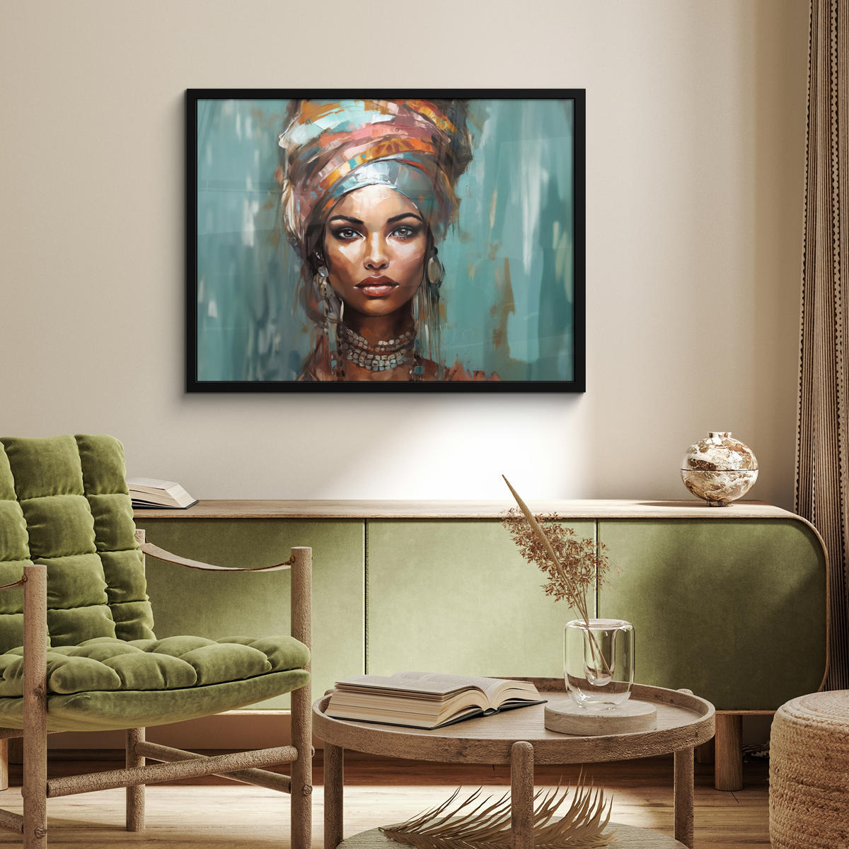 ZARÁMOVANÝ PLAGÁT Žena - Umenie - Šperky - Portrét 80x60 cm - modrosivá, papier (80/60cm) - MuchoWow