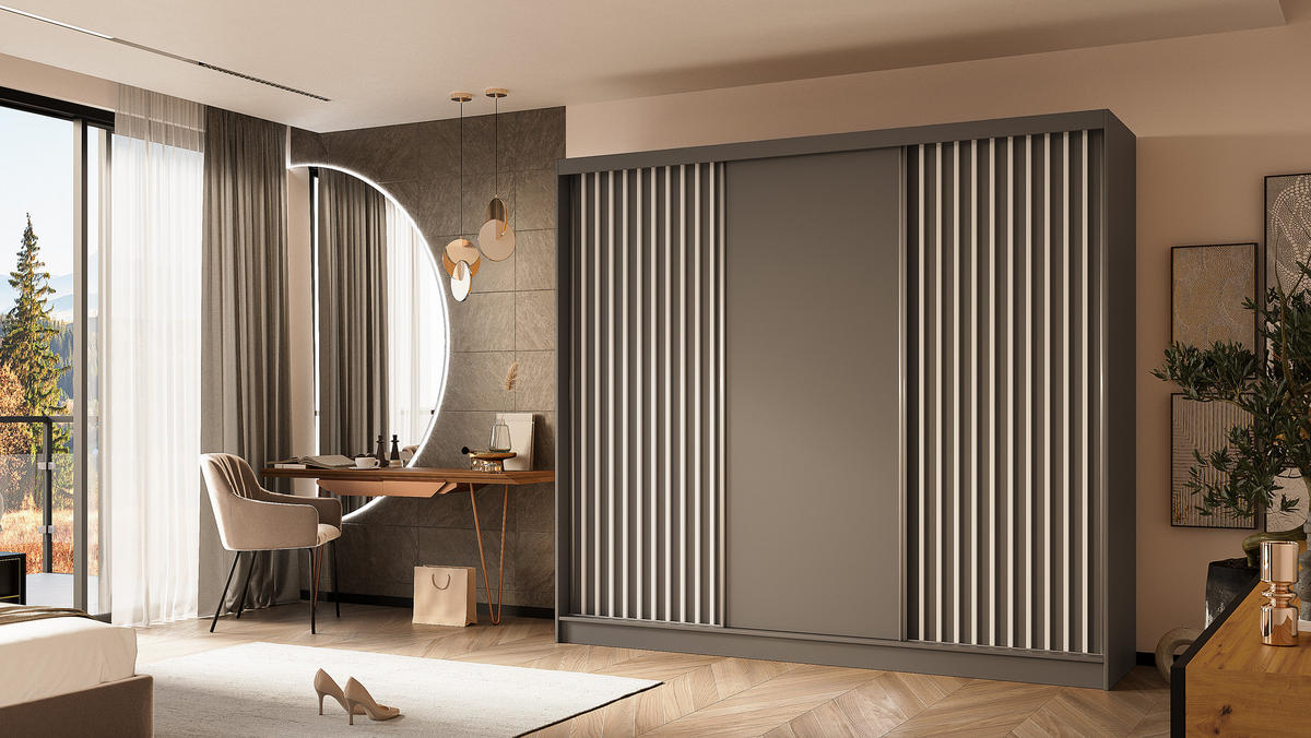 KLEIDERSCHRANK mit furnierten Schiebetüren und Aluminium-Leisten - LABELO - 240 cm Grau+Grau+Weiß - Weiß/Grau, Holzwerkstoff (240/216/61cm) - ALTDECOR
