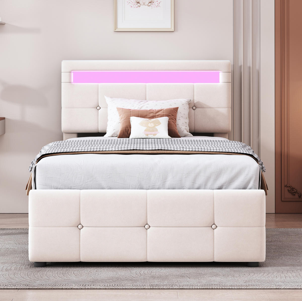 POLSTERBETT 90/200 cm Beige aus Samt mit LED-Beleuchtung und Stauraum - Beige, Textil (90/200cm) - OKMYHOME