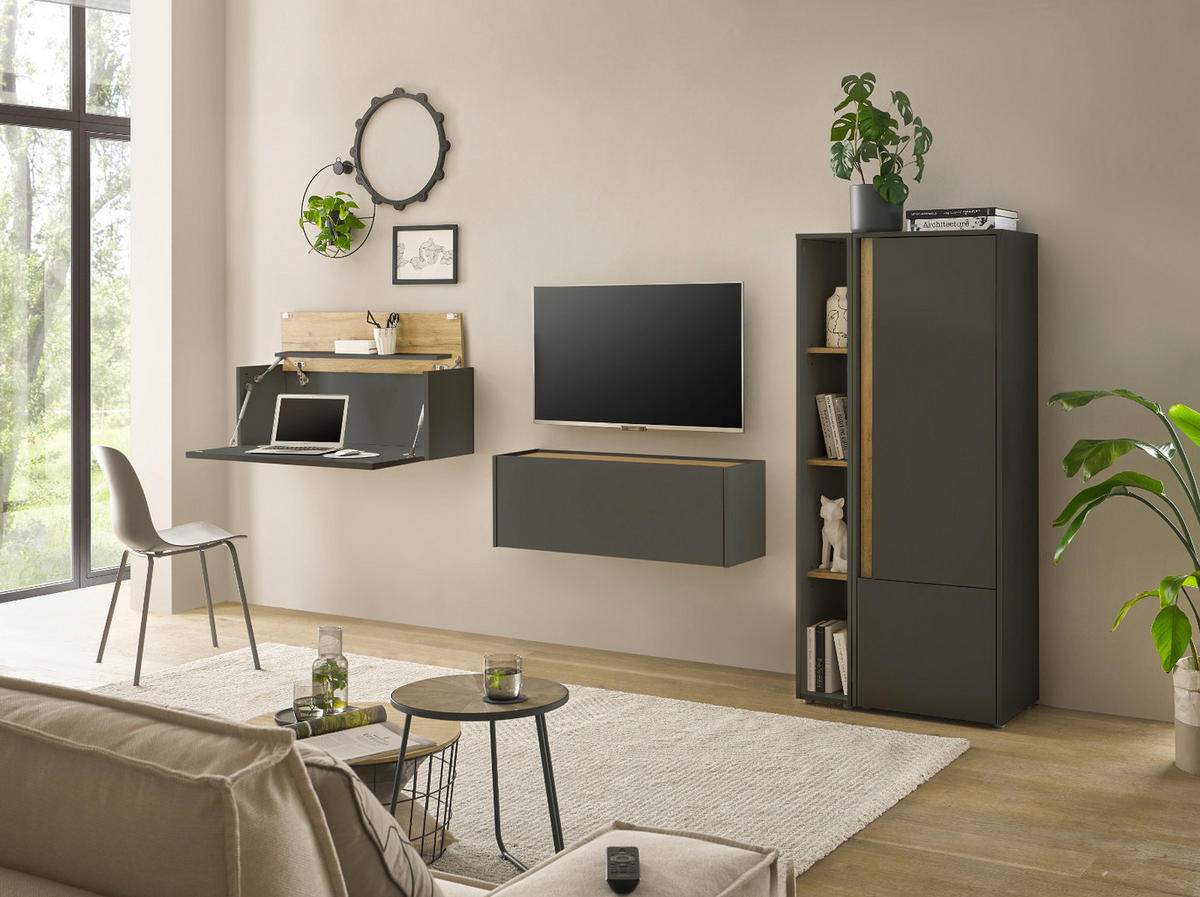 AKTENSCHRANK Grau matt, Eiche Wotan 50 x 158 cm, Stauraumschrank mit 4 Ordnerhöhen - Eichefarben/Schwarz, Holzwerkstoff/Kunststoff (50/158/40cm) - Furn.Design