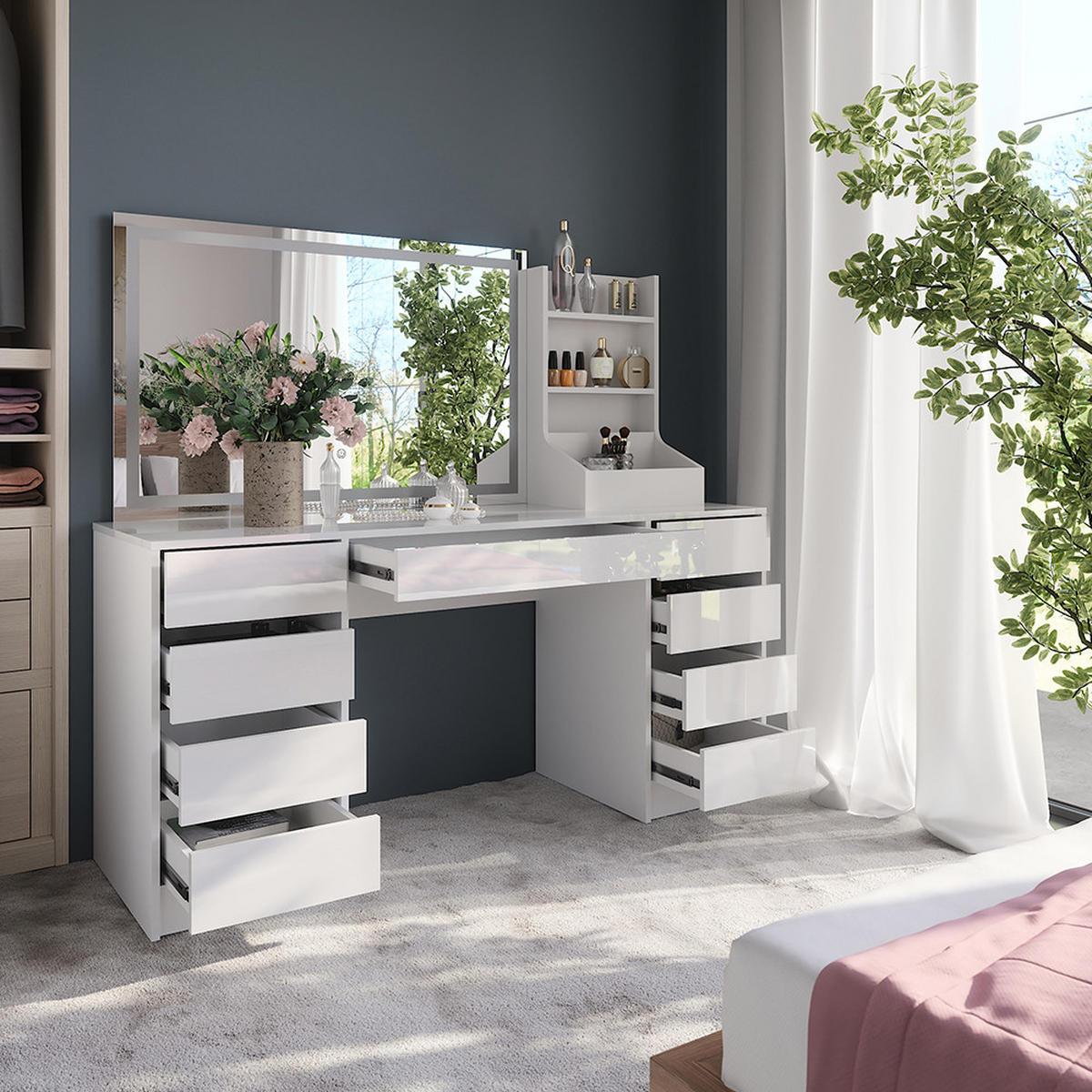 SCHMINKTISCH Sherry Weiß/Weiß Hochglanz 158.2 cm 3 Teile - Weiß Hochglanz, Holzwerkstoff (158.2/76/50.1cm) - Vicco