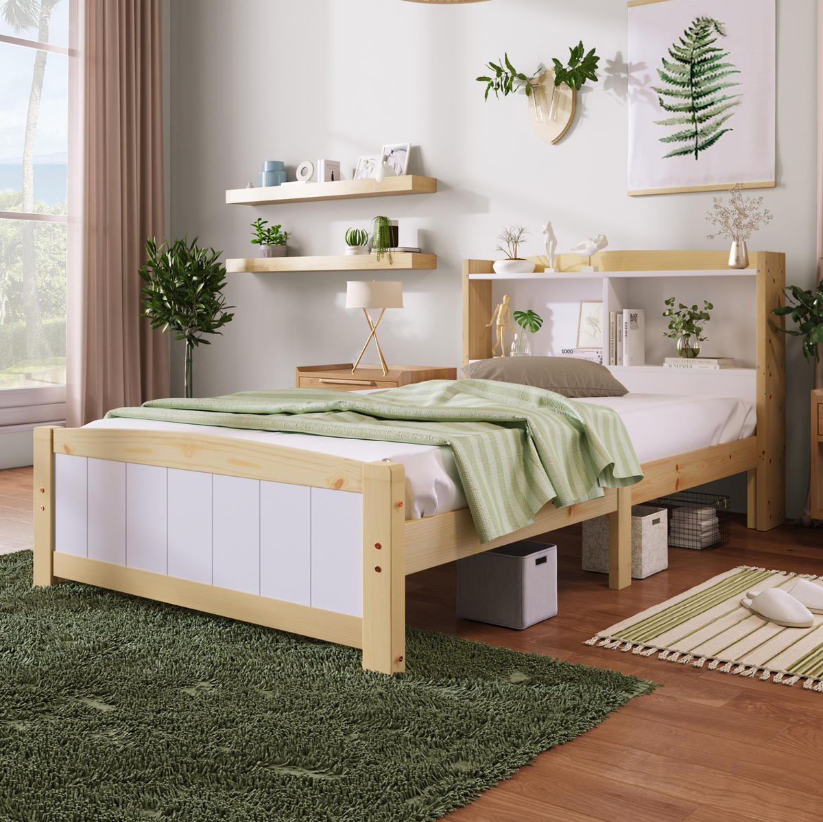 JEDNOLŮŽKO 90/200 cm bílé a přírodní z masivního dřeva s úložným čelem a matrací - přírodní, dřevo (90/200cm) - OKWISH