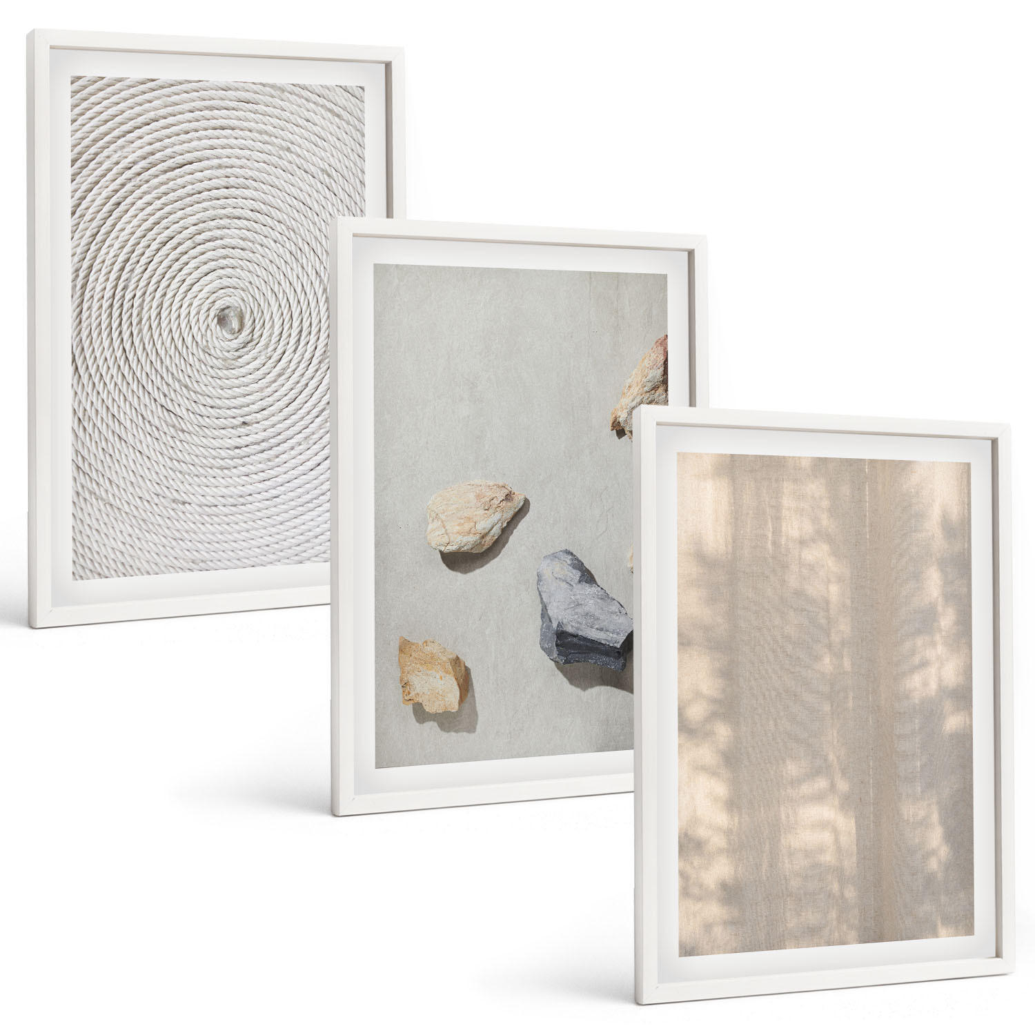 BILDER SET 3er Set - 40x60 cm Weißer Rahmen - Boho-Naturtexturen und -Strukturen - Weiß, Kunststoff (40/60cm) - TULUP