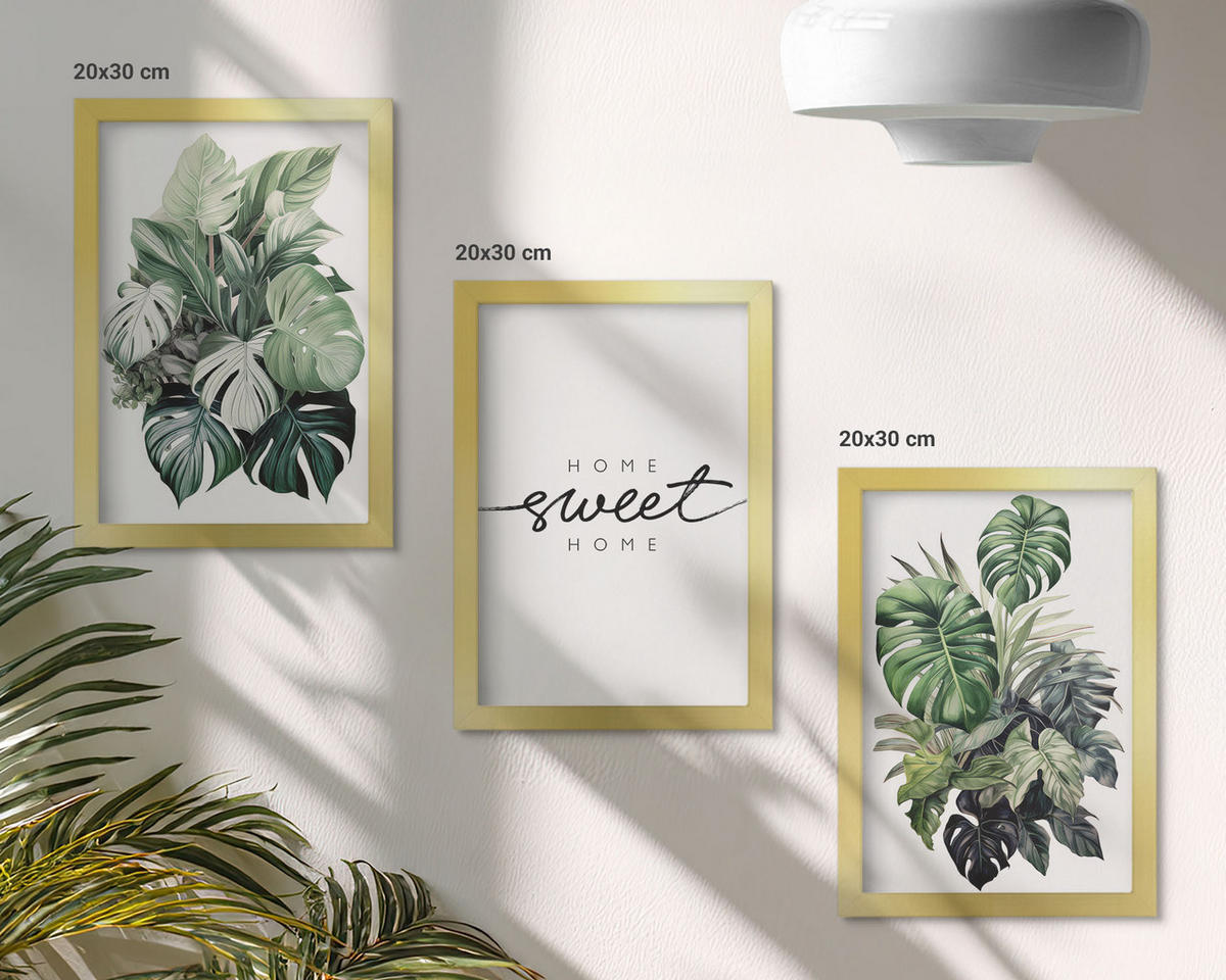 BILDER SET 3er Set - 20x30 cm Goldrahmen - Pflanzen mit der Aufschrift „Sweet Home“ - Goldfarben, Kunststoff (20/30cm) - TULUP