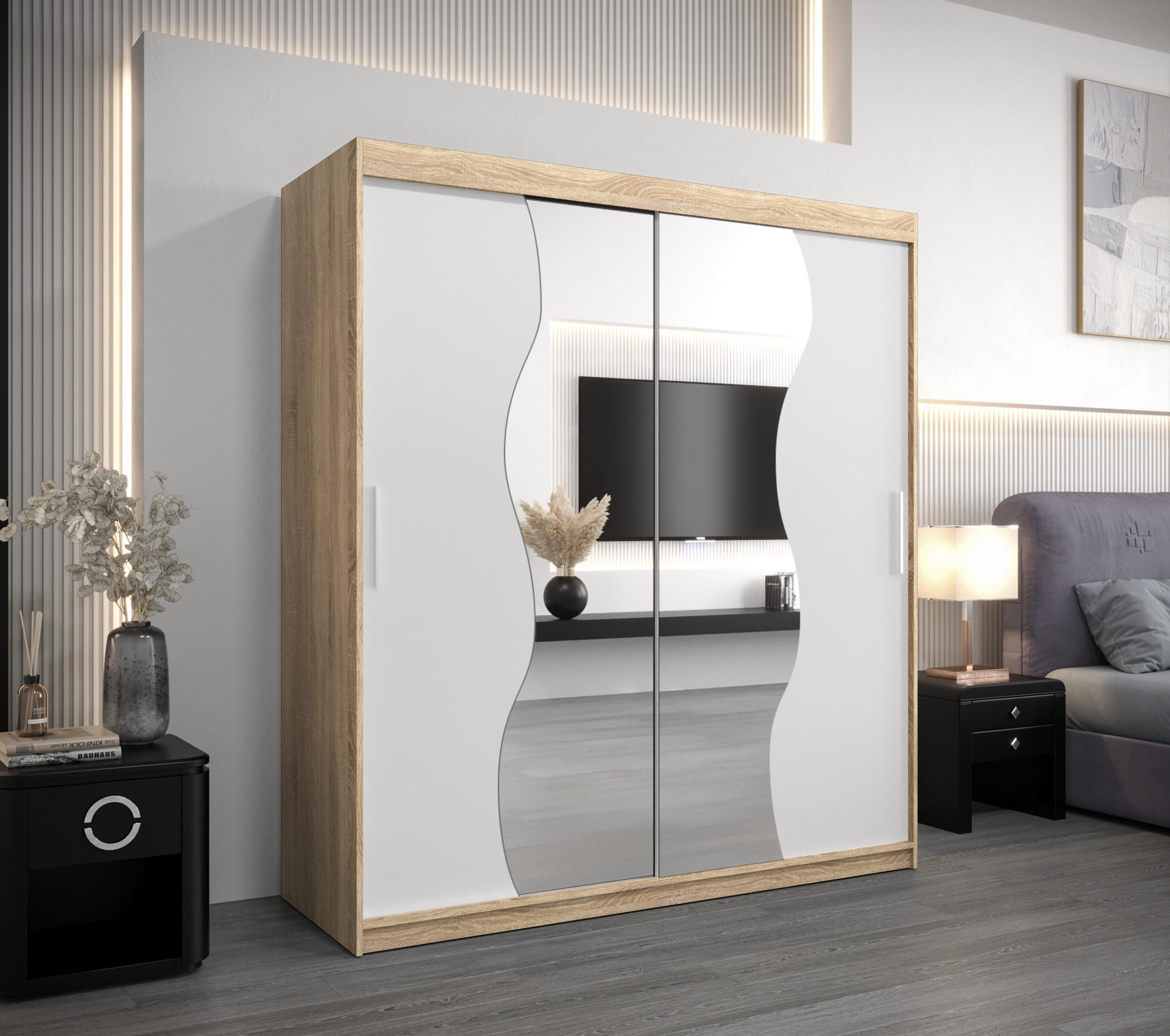 SCHWEBETÜRENSCHRANK 200/180/62 2-türig - Silberfarben/Weiß, Holz/Kunststoff (180/200/62cm) - Abiks Möbel