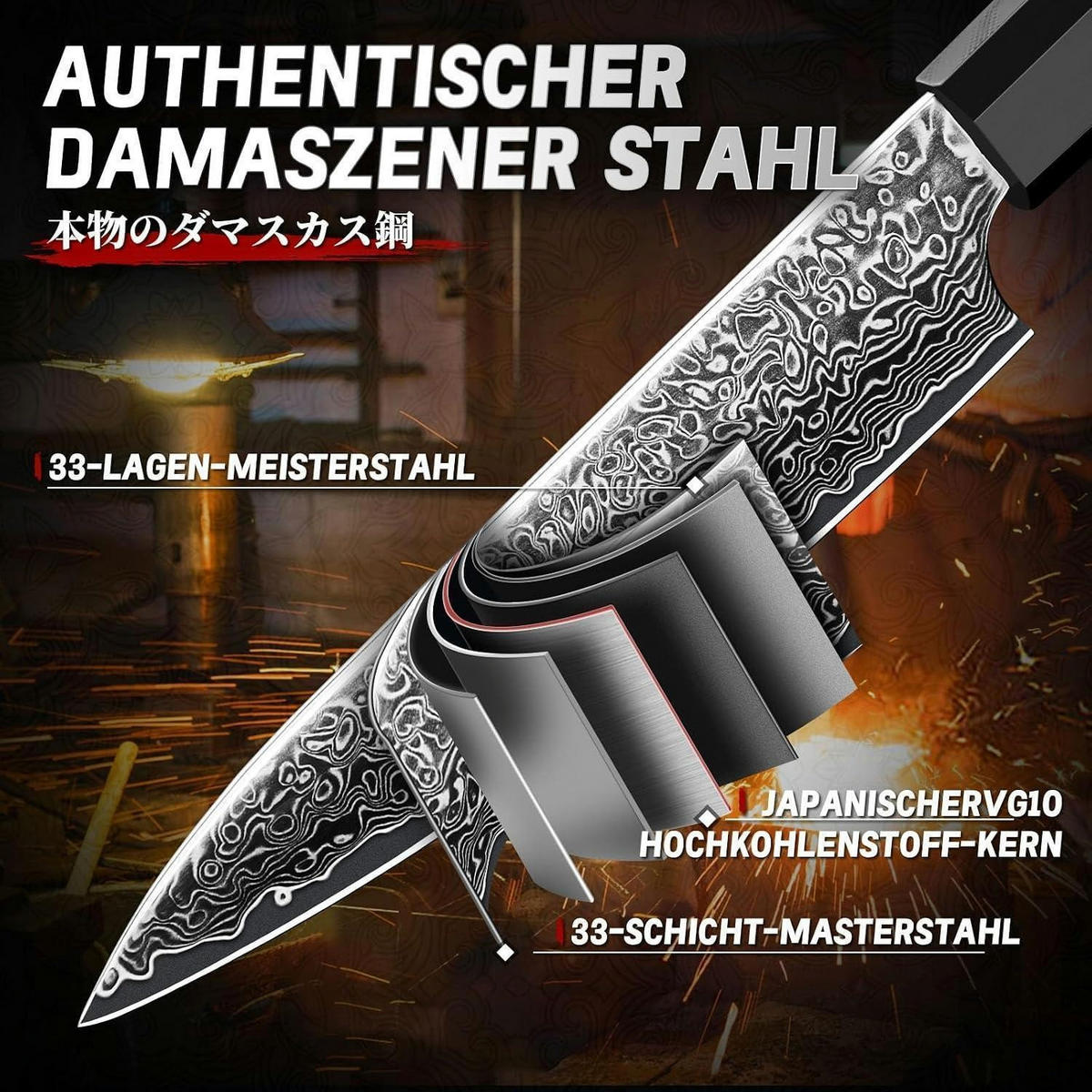GEMÜSEMESSER Damast 5 Zoll Schwarz - Silberfarben, Metall (25.9cm)