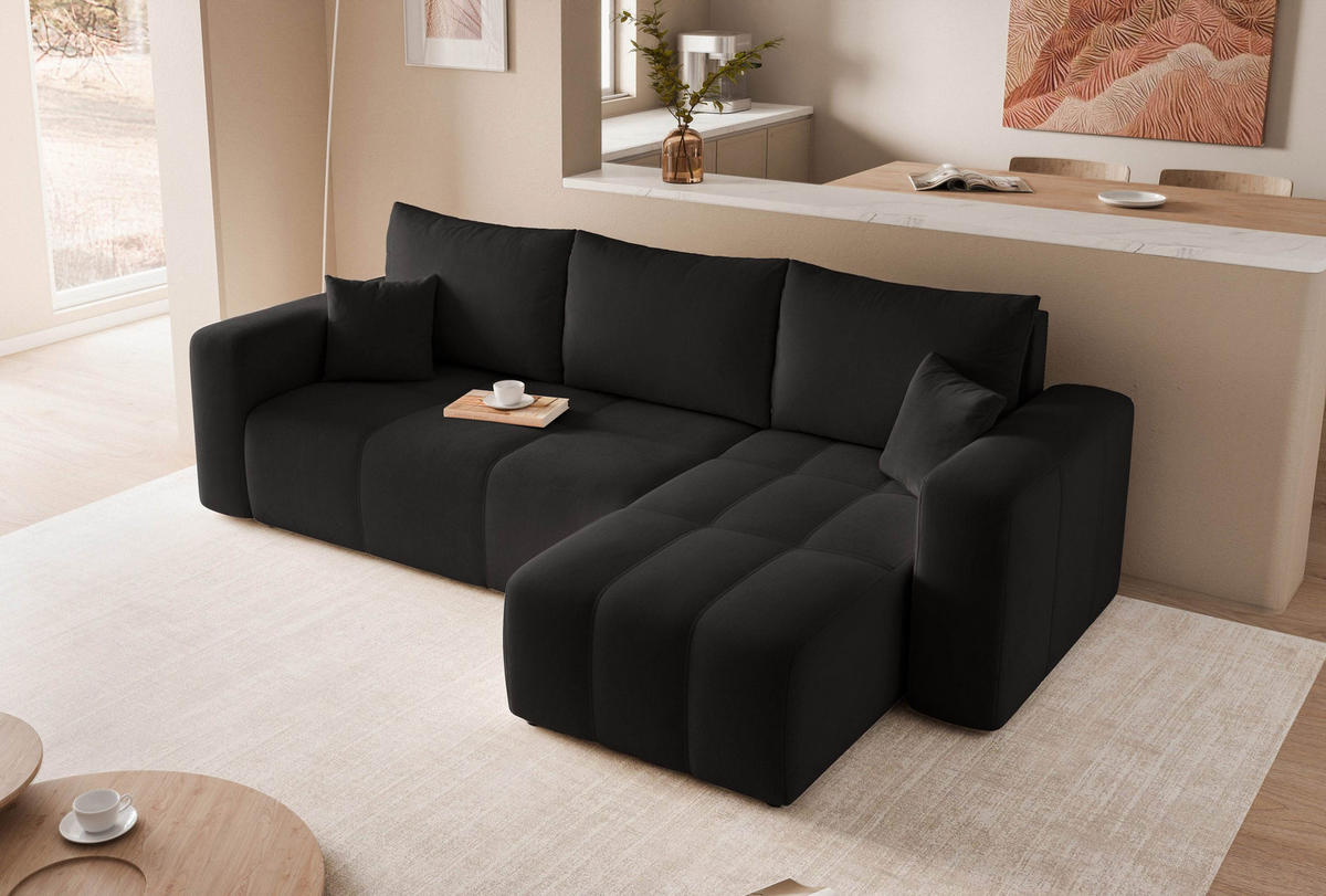 ECKSOFA Schwarz Velours mit Bettkasten und Schlaffunktion - Schwarz, Textil (248/145cm) - Idohome