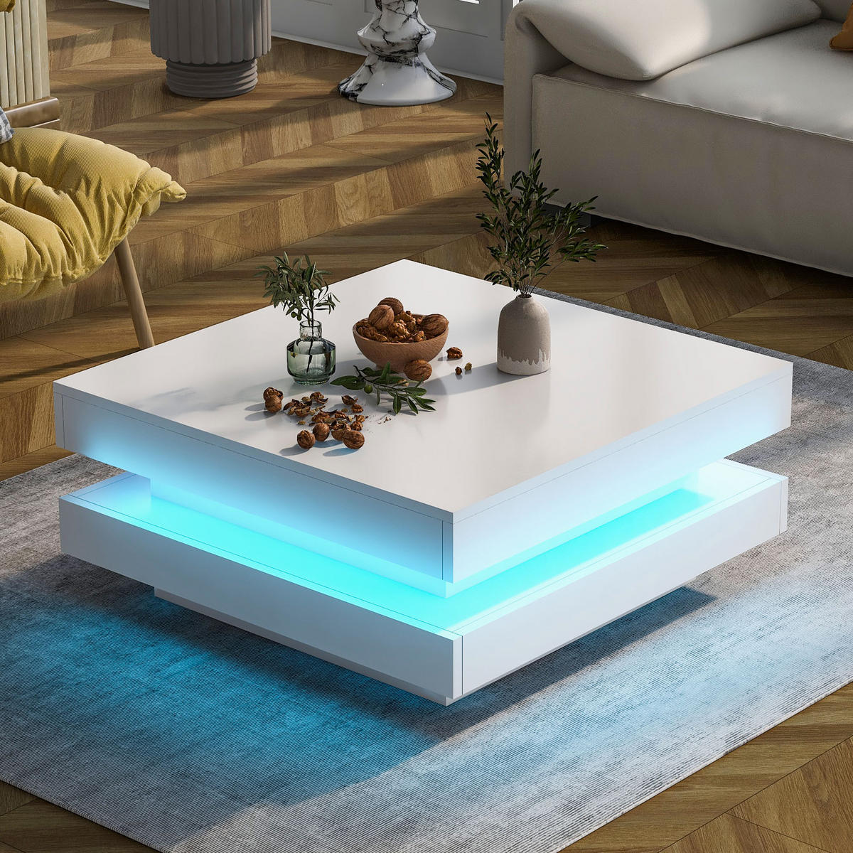 COUCHTISCH 70/70/36 cm Weiß aus Holzwerkstoff mit 360° drehbarer Tischplatte und LED-Lichtband - Weiß, Holzwerkstoff (70/70/36cm) - OKWISH