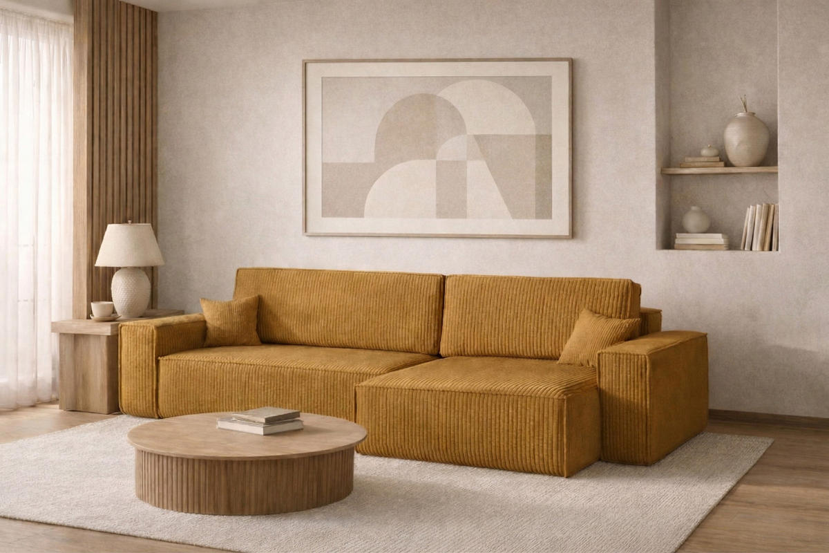 ECKSOFA Mit Schlaffunktion Und Bettkasten, Eckcouch BEST XL Stoff Poso Dicker Cord Senffarbe Rechts - Schwarz/Orange, Holz/Kunststoff (274/142cm) - Kaiser Möbel