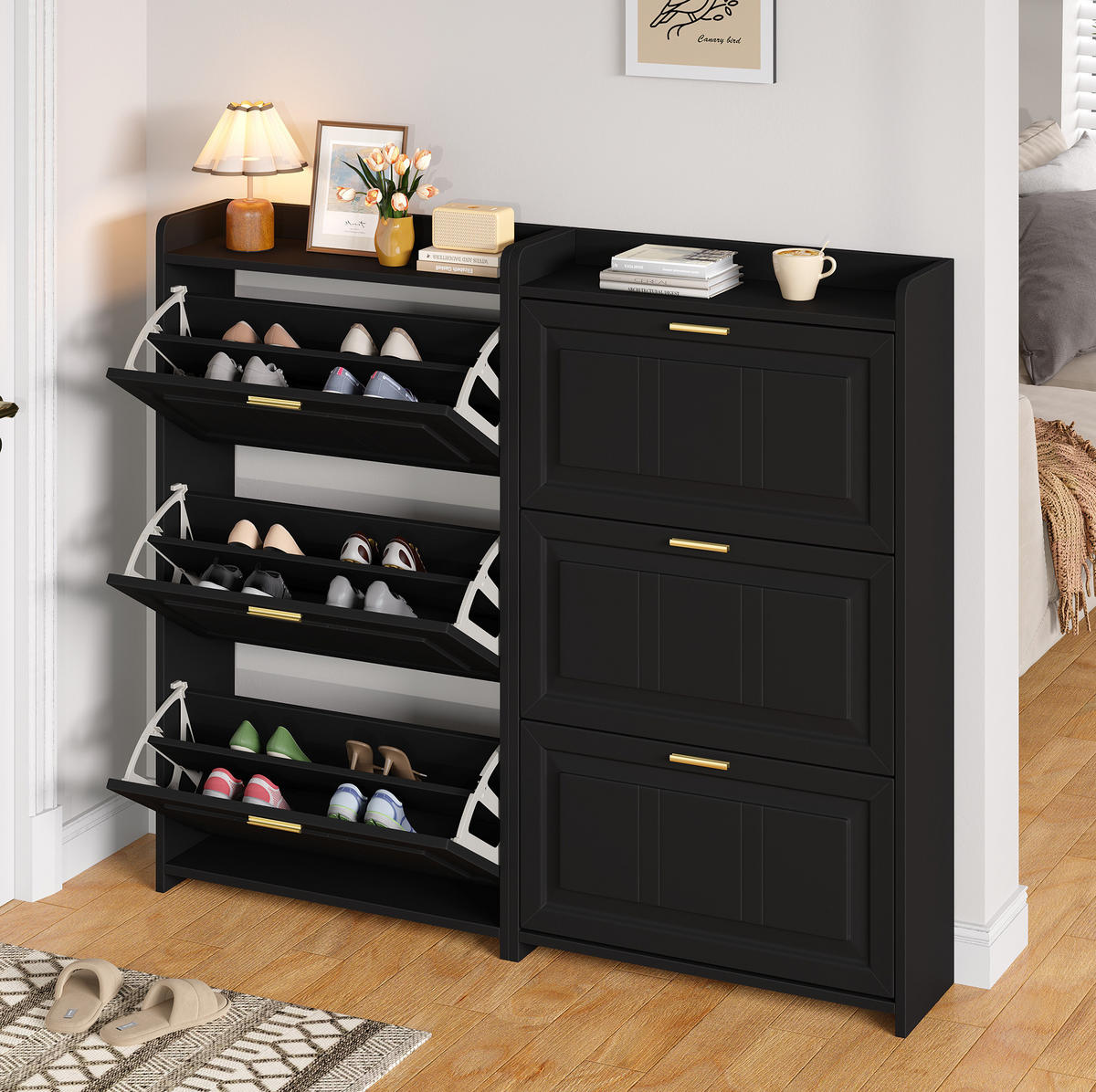 SCHUHSCHRANK aus MDF & Spanplatte 140x24x120cm in Schwarz 2er Set - Schwarz, Holzwerkstoff (140/120/24cm) - Modfu