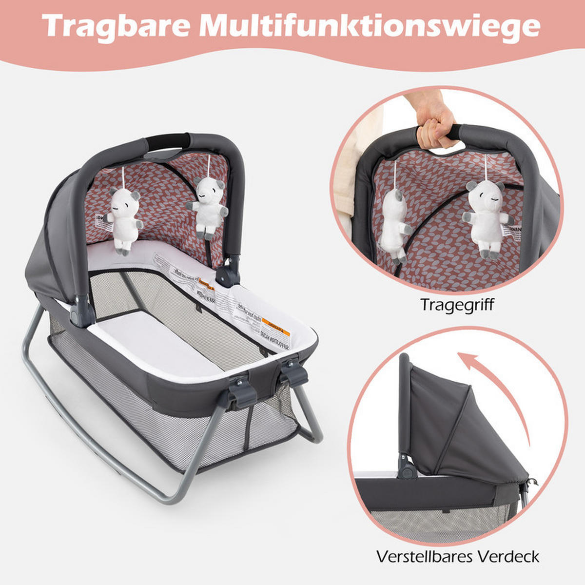 BEISTELLBETT mit Matratze grau - Pink, Textil - COSTWAY