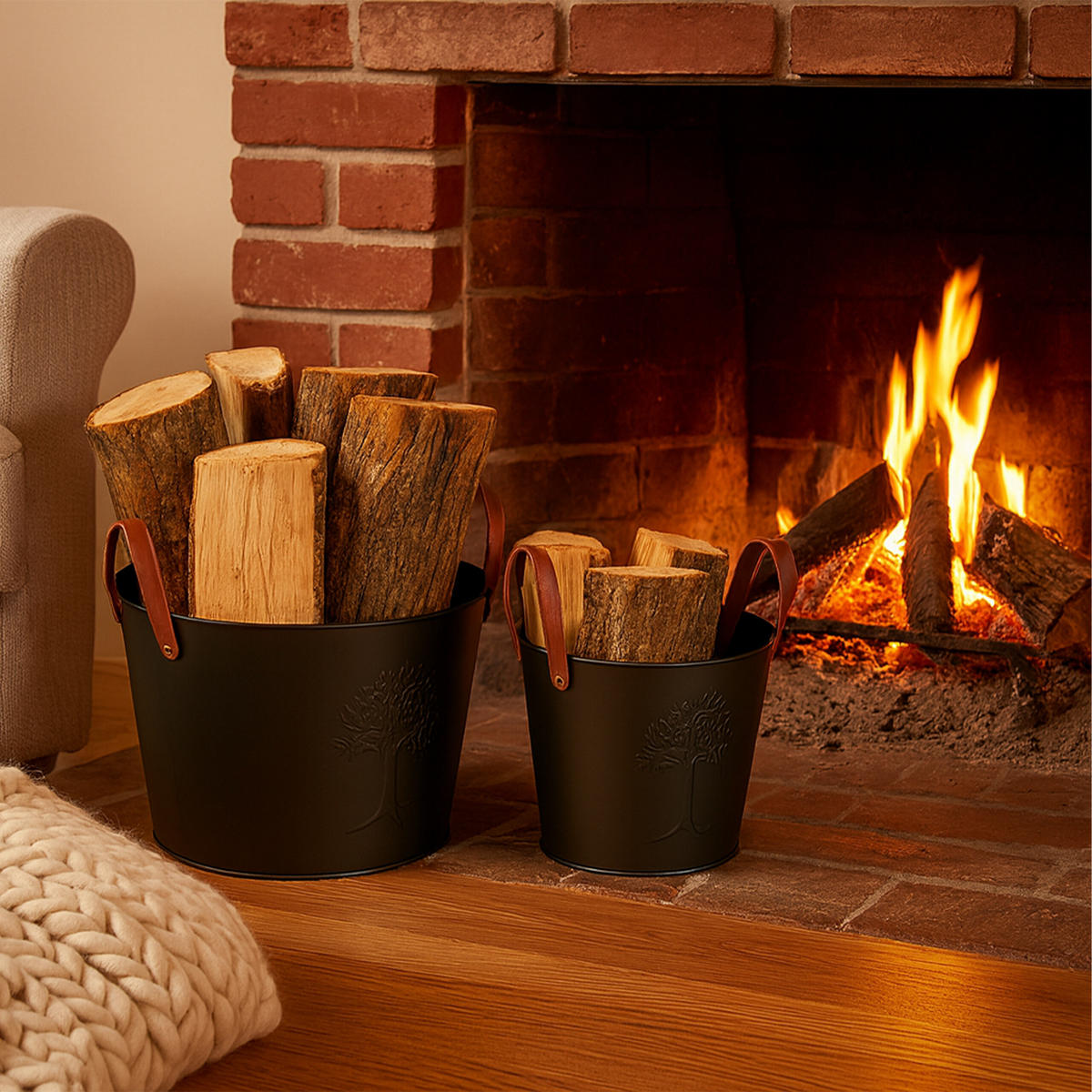 2XKOŠÍK na drevo - čierna, kov/koža (45/35/45cm) - Relaxdays