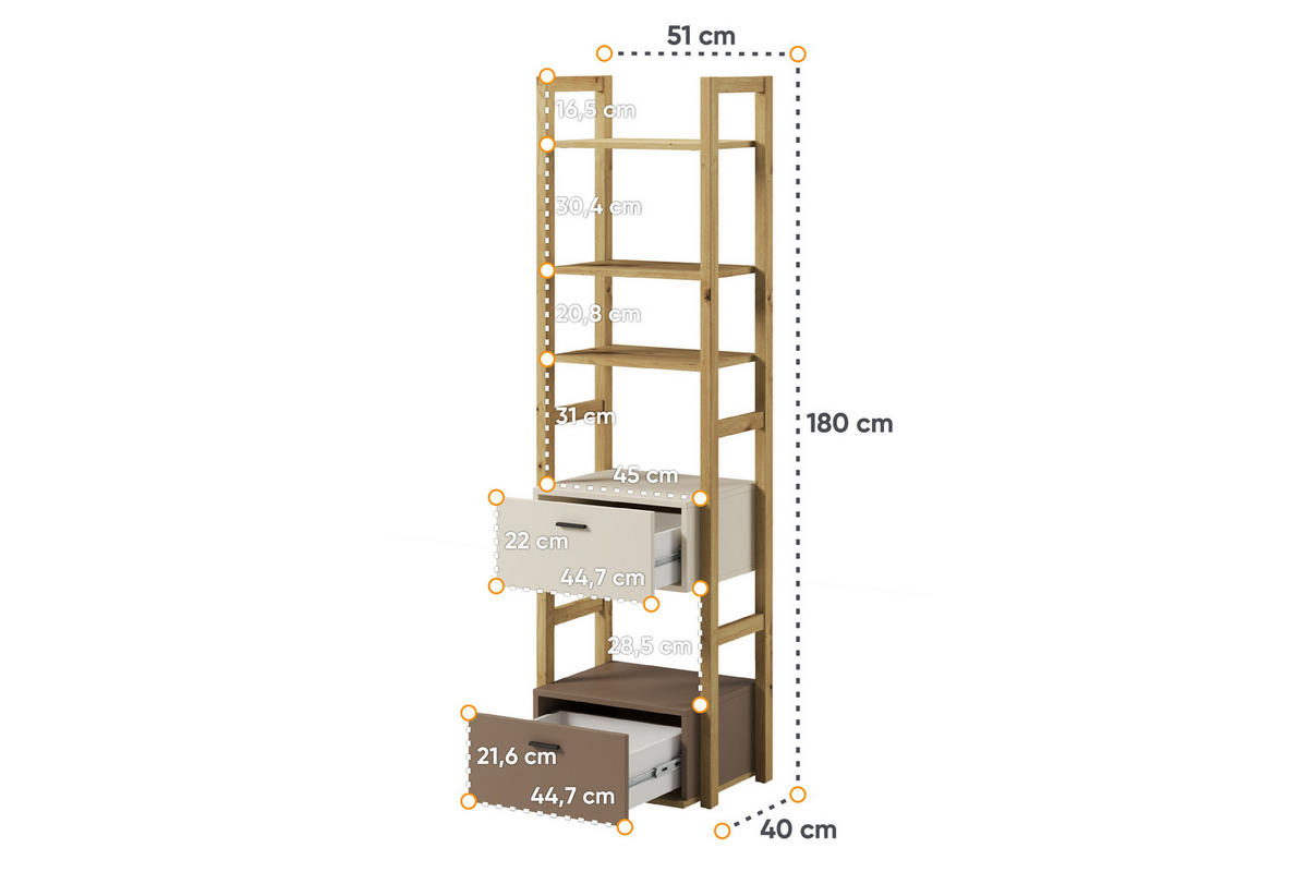 KINDER-BÜCHERREGAL TRIDA mit Schubladen, creme/braun/artisan Eiche - Creme/Braun, Holz (51/180/40cm) - KONSIMO®