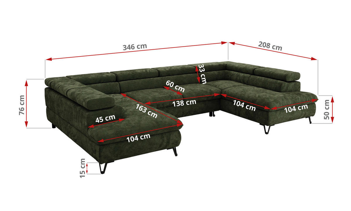 WOHNLANDSCHAFT PABLO U Schenille glatt Dunkelgrün mit Topper T25 - Dunkelgrün/Schwarz, Textil/Metall (346/76/208cm) - MKS
